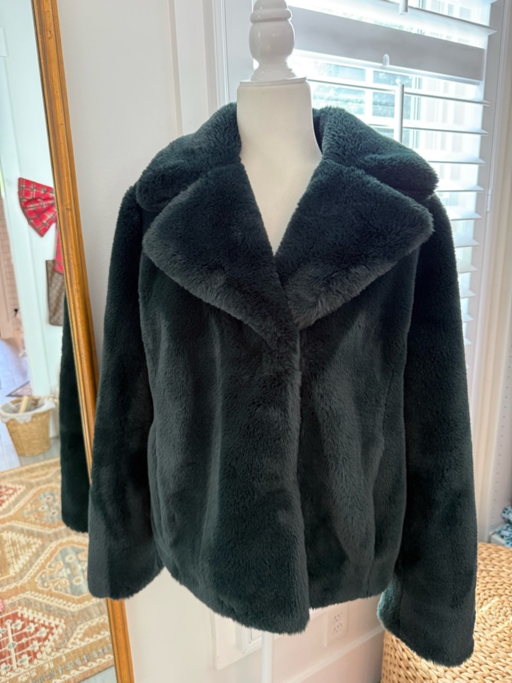 DKNY Plush Faux Fur Coat in Deep Forest Green
